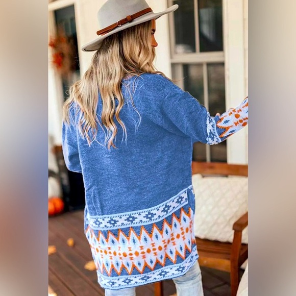 Cardigan Aztec Sweater ~ Long Sleeve Tribal Print Wool Knit Open Front in Blue - Picture 8 of 16